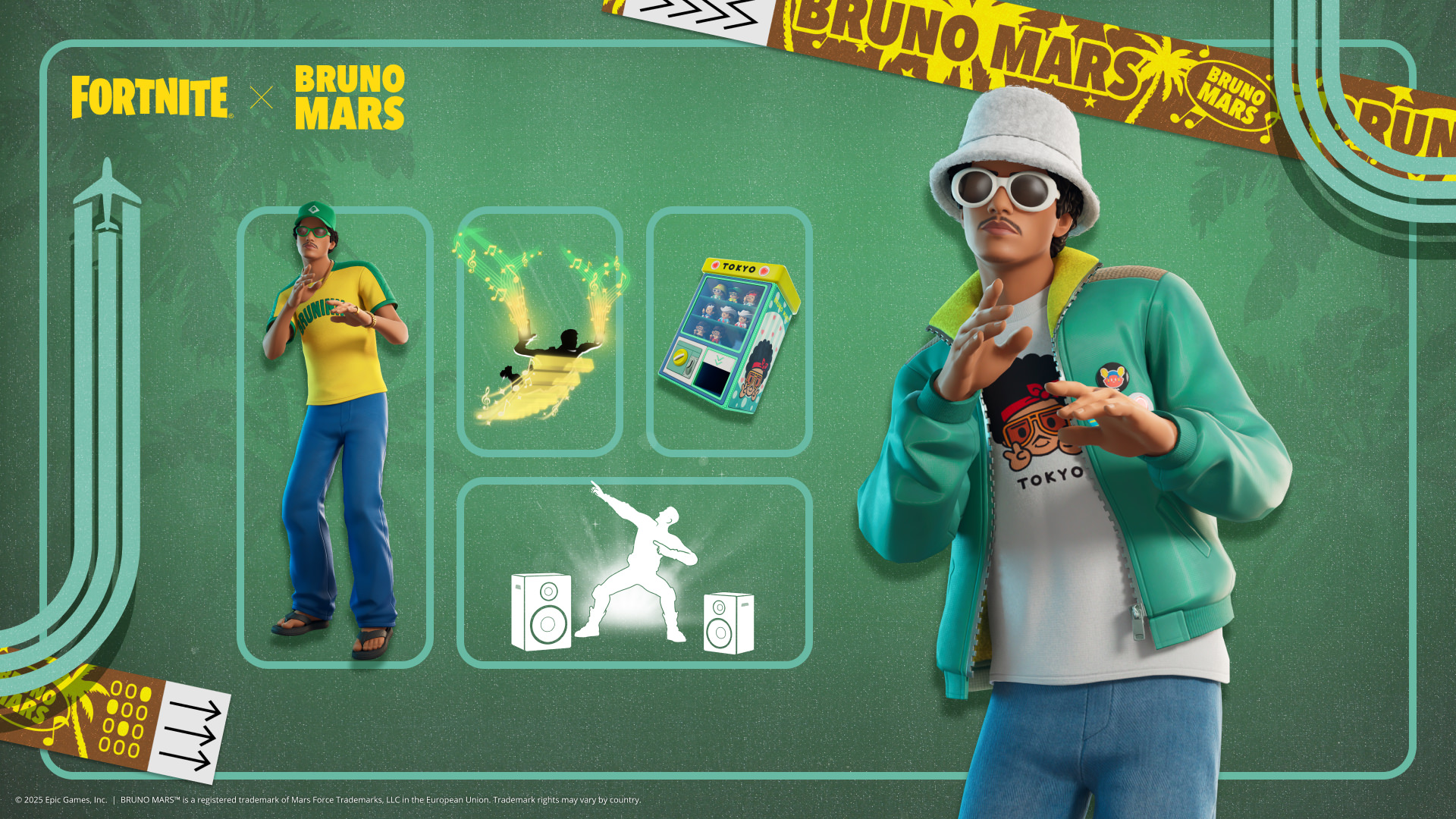 Bruno Mars estreia no Fortnite Festival em 18 de junho com trajes, faixas musicais e conteúdos exclusivos inspirados em sua carreira.